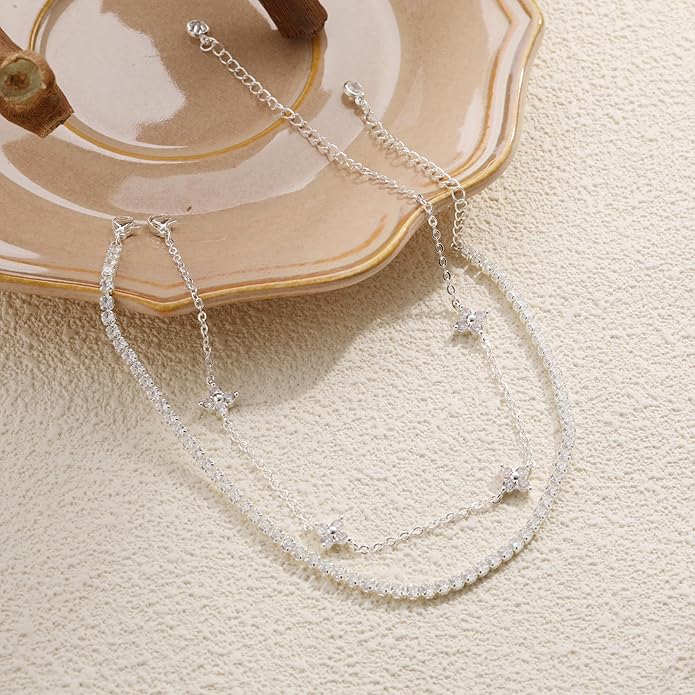 RLMOON Gold Anklets for Women CZ Ankle Bracelet 14K Gold Plated Waterproof Dainty Layered Tennis Heart Dot Chain Silver Clover Anklet Trendy Foot Jewelry