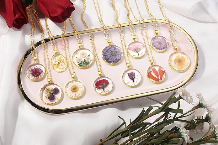 Forget-Me-Not and Queen Anne's Lace Pressed Wildflower Necklace | Birth Month Real Flower Necklace | Gold/Silver Pressed Flower Jewelry | Personalized Handmade Jewelry