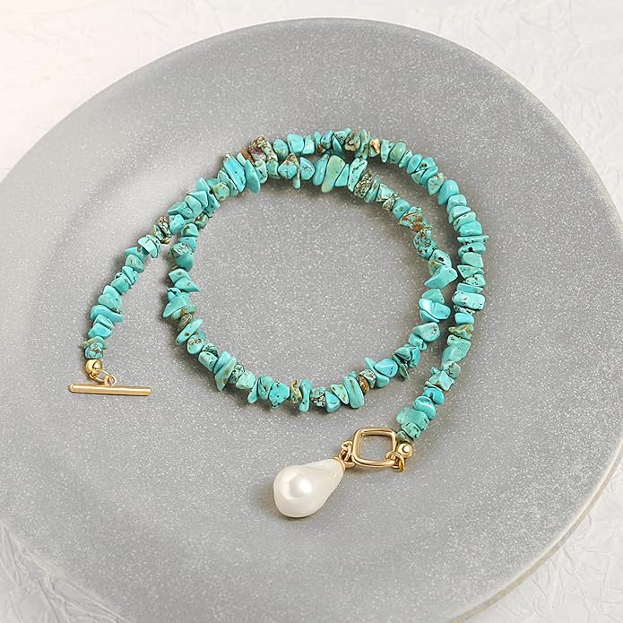 18k Gold Chain Link Necklace for Women, Baroque Pearl/Compass Pendant Necklace