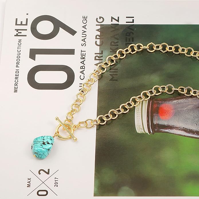 18k Gold Chain Link Necklace for Women, Baroque Pearl/Compass Pendant Necklace