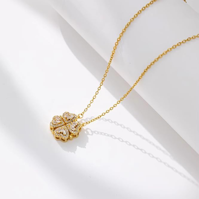 18K Gold Stainless Steel Gold Plated Necklace with Clove Hearts Charm - Can Be Worn Two Ways (Elegant A)
