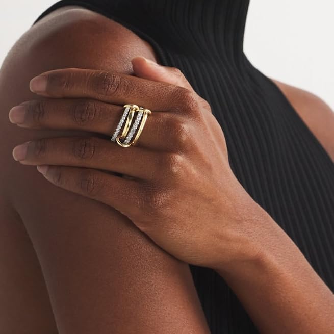 Gold Stackable Rings for Women Non Tarnish, 18k Gold Plated Cubic Zirconia Rings, Silver Gold Multi Ring Mixed Metals Stack Rings Set