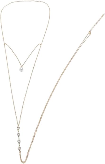 MODRSA Gold Body Chain Jewelry for Women Back Necklace for Backless Dress Backdrop Pearl Rhinestone Belly Chain Waist Chains Bra Chains Lingerie Summer Bikini Bodychain Trendy Sexy Stomach Jewelry