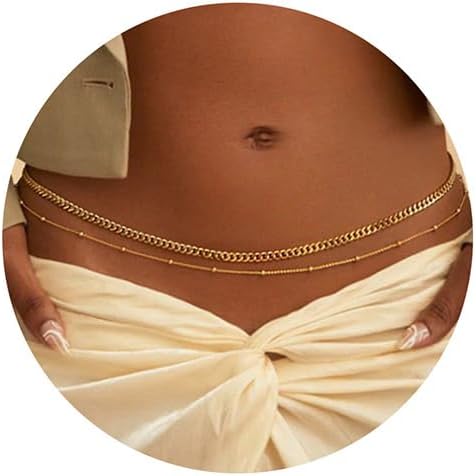 Turandoss 1-3PCS 18K Gold Plated Waist Chains for Women - Gold Layered Belly Body Chain for The Waist Adjustable Multilayer Sexy Bikini Waist Chain for Women Dainty Beach Waist Jewelry for Women