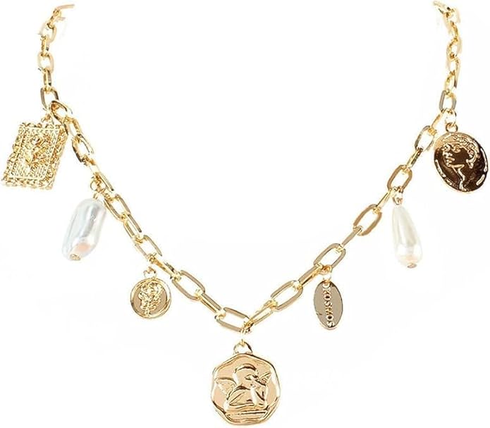 Charm Necklace for Women Gold Evil Eye Sun Moon Flower Coin Pendant Necklace Dainty Paperclip Chain Vintage Luck Amulet Choker Necklaces Celestial Jewelry Gift