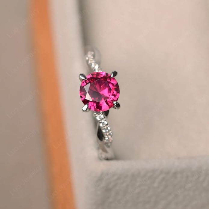 LUO 925 Sterling Silver 7x7mm Round Cut Gemstone Birthstone Rings for Women, Twist Infinity Engagement Ring Birthstone Jewelry Anniversary Wedding Promise for Lady Size 3-13