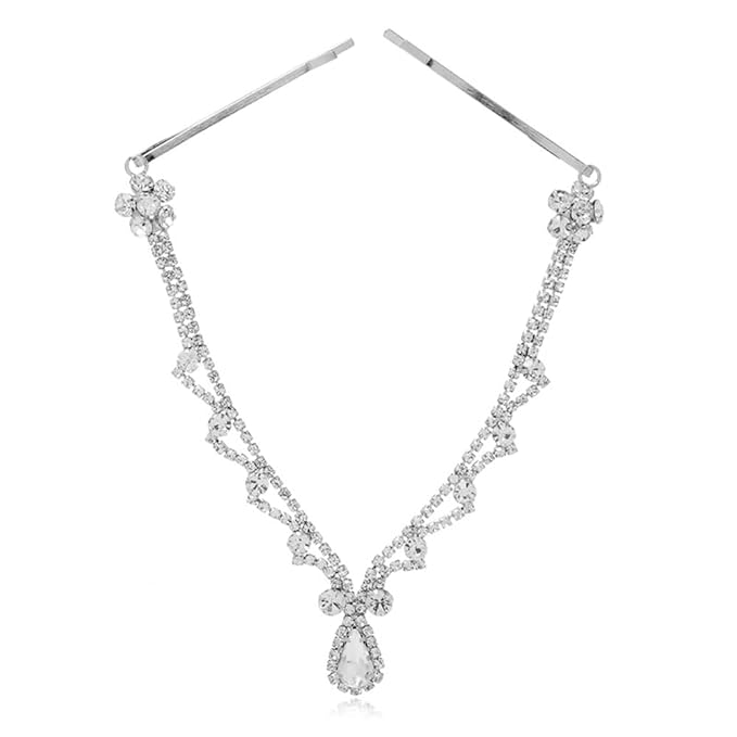 Missgrace Women Bridal Rhinestone Gold Forehead Head Chain Clip Headband Boho Crystal Teardrop Headpiece Hair Jewelry Wedding Prom Party Halloween Festival Hair Accessories for Women (Silver)