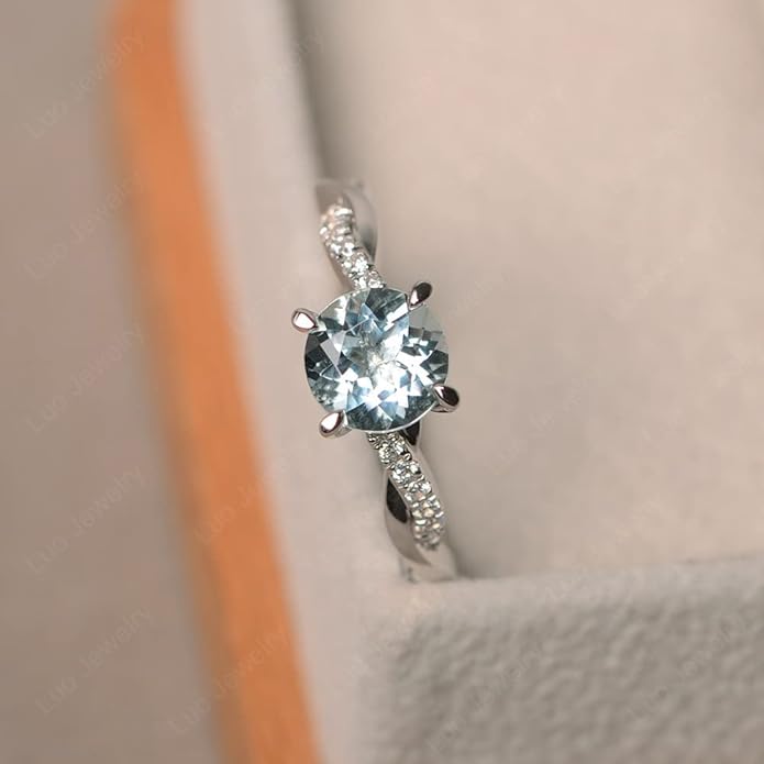 LUO 925 Sterling Silver 7x7mm Round Cut Gemstone Birthstone Rings for Women, Twist Infinity Engagement Ring Birthstone Jewelry Anniversary Wedding Promise for Lady Size 3-13