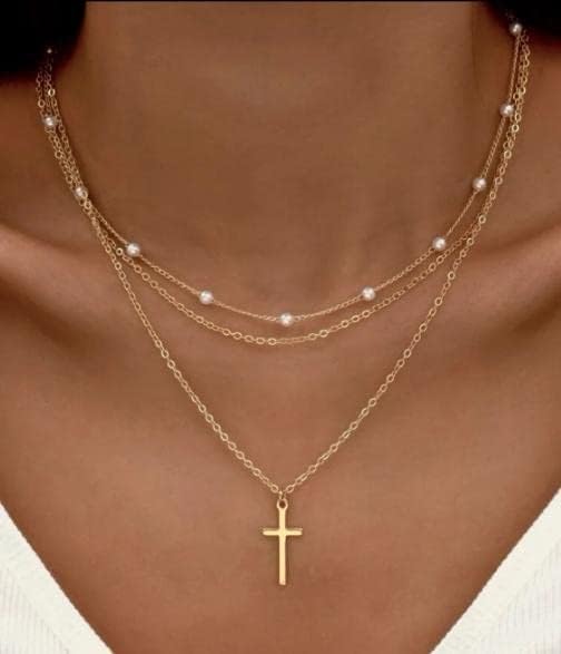 ASCOMY Layered Necklaces for Women Dainty Gold Necklace 14K Gold Plated Herringbone Necklace for Women Pearl Cross Necklace Paperclip Cuban Figaro Rope Satellite Chain Gold Choker Trendy Jewelry Gift