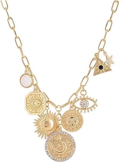 Chunky Retro Heart Necklace for Women Antique Layer Beach Ocean Moon Stars Western Boho Charm Necklaces Retro Link Chain Jewelry