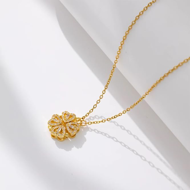 18K Gold Stainless Steel Gold Plated Necklace with Clove Hearts Charm - Can Be Worn Two Ways (Elegant A)