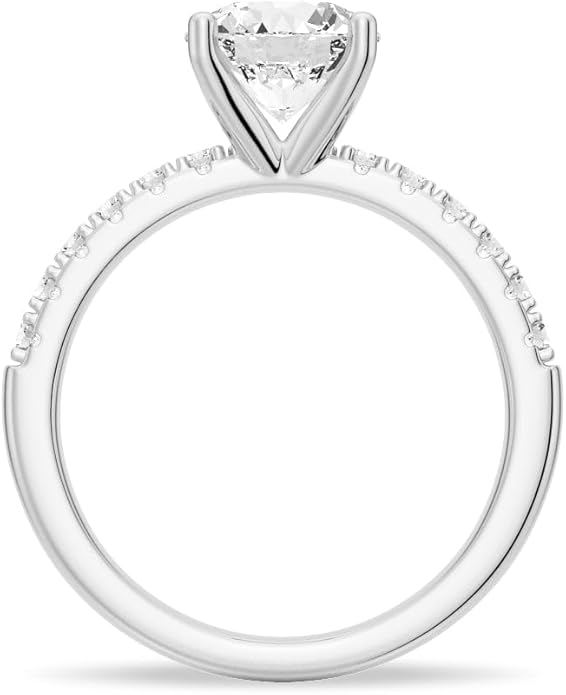 MSBLUE® 1.5ct Round Cut Moissanite Engagement Ring, Solitaire with Pavé Accents, 14K Gold Vermeil, Rhodium Finish