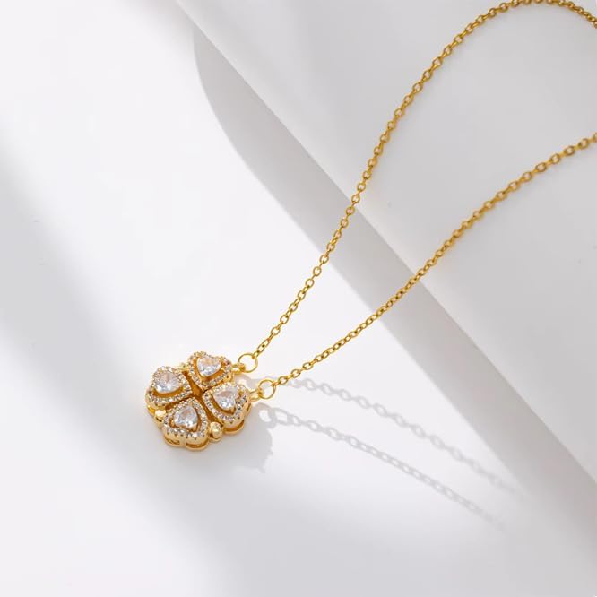18K Gold Stainless Steel Gold Plated Necklace with Clove Hearts Charm - Can Be Worn Two Ways (Elegant A)