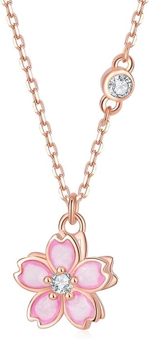 14K Women Gold Flower Chain Necklace,Dainty Sakura Floral Pendant Necklace with Moissanite Diamond,Gift for Mom, Wife, Girlfriend