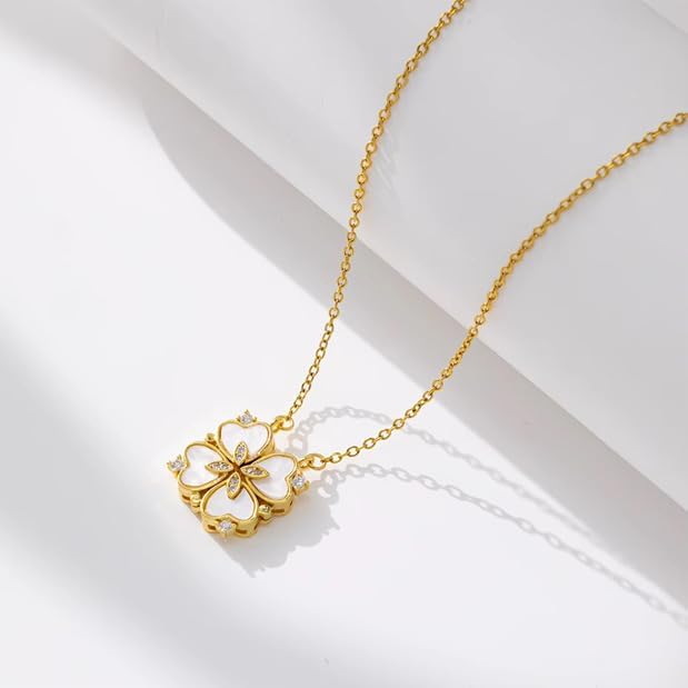 18K Gold Stainless Steel Gold Plated Necklace with Clove Hearts Charm - Can Be Worn Two Ways (Elegant A)