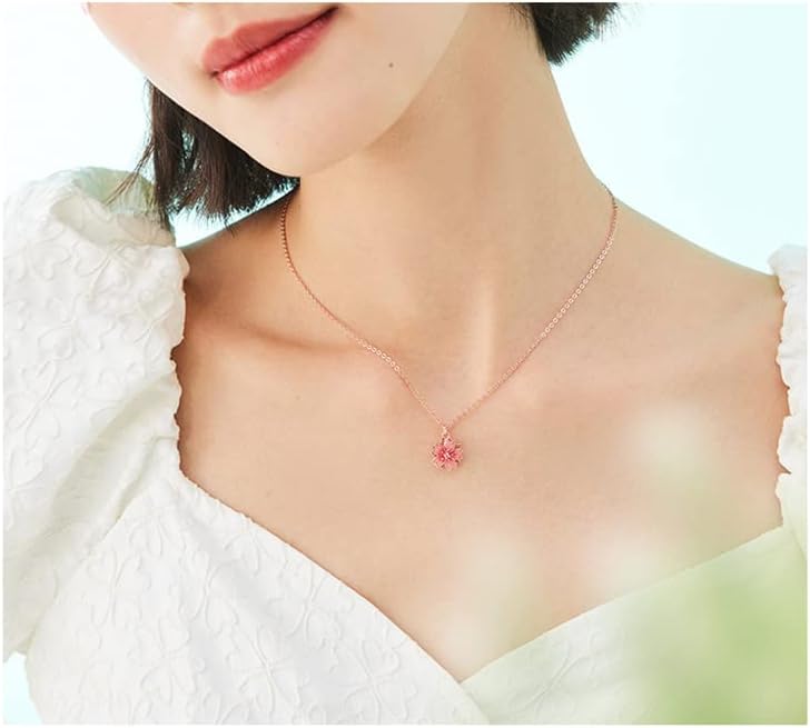 14K Women Gold Flower Chain Necklace,Dainty Sakura Floral Pendant Necklace with Moissanite Diamond,Gift for Mom, Wife, Girlfriend