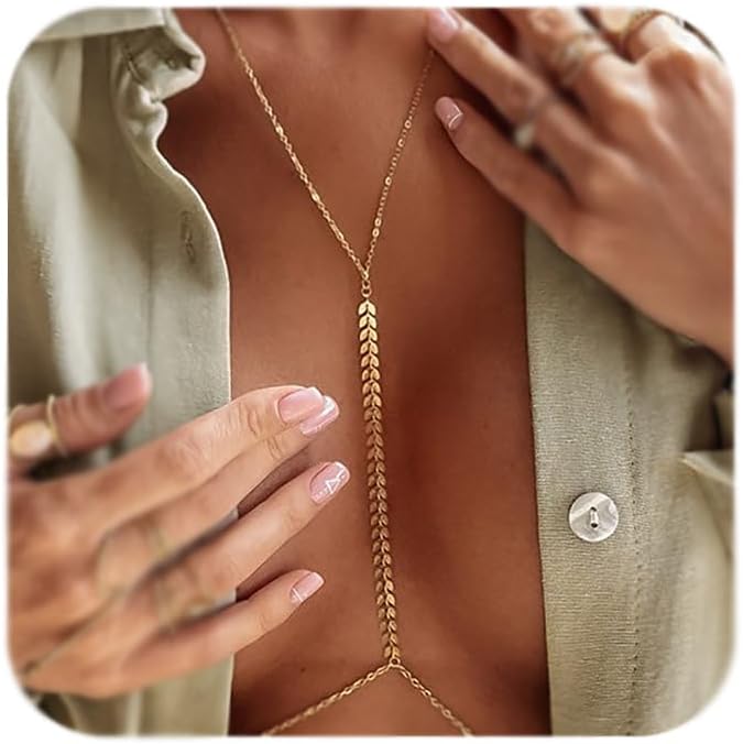 MODRSA Gold Body Chain Jewelry for Women Back Necklace for Backless Dress Backdrop Pearl Rhinestone Belly Chain Waist Chains Bra Chains Lingerie Summer Bikini Bodychain Trendy Sexy Stomach Jewelry