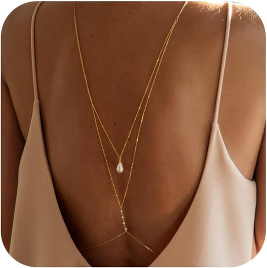 MODRSA Gold Body Chain Jewelry for Women Back Necklace for Backless Dress Backdrop Pearl Rhinestone Belly Chain Waist Chains Bra Chains Lingerie Summer Bikini Bodychain Trendy Sexy Stomach Jewelry