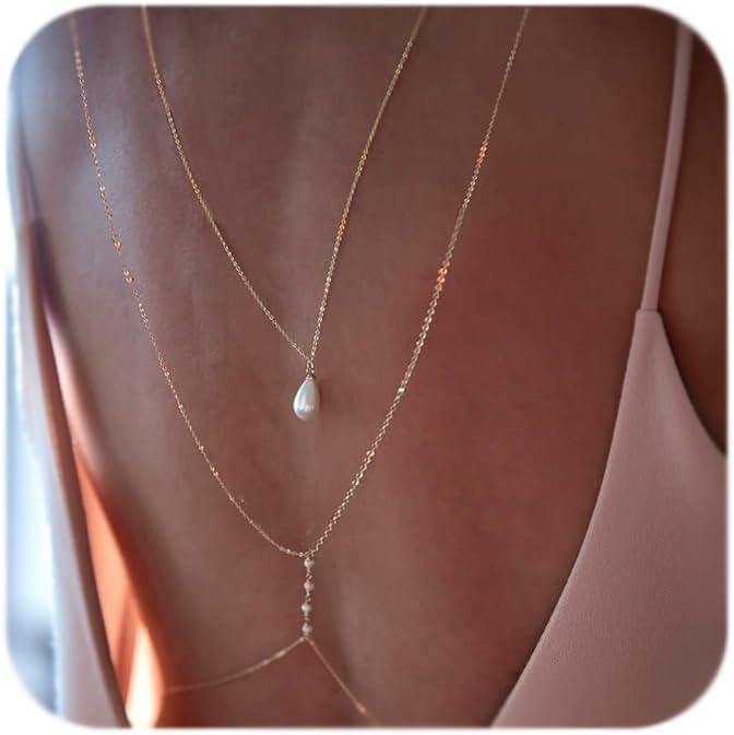 MODRSA Gold Body Chain Jewelry for Women Back Necklace for Backless Dress Backdrop Pearl Rhinestone Belly Chain Waist Chains Bra Chains Lingerie Summer Bikini Bodychain Trendy Sexy Stomach Jewelry