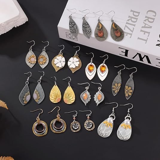 12 Pairs Vintage Geometric Druse Crystal Drop Dangle Earrings Ethnic Style Vintage Boho Jewelry Waterdrop Earrings Jewelry Set for Women