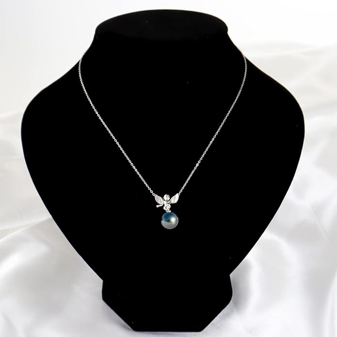 Black Pearl Necklaces for Women With Genuine AAAA Quality Real Tahitian Cultured Pearl Pendant With Angels Design | 18K Gold Plated 925 Sterling Silver Necklace