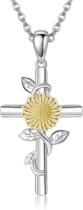 Flower Cross Necklace 925 Sterling Silver Carnation/Rose/Lily/Daisy Cross Necklace Birth Flower Jewelry for Women