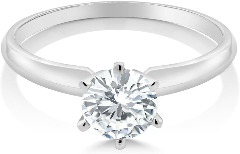 Gem Stone King 14K White Gold Moissanite Solitaire Engagement Ring For Women | 0.80 Cttw | Round 6MM | Gold Ring For Women | Available In Size 5,6,7,8,9