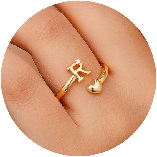 M MOOHAM Gold Rings for Women - 14K Gold Plate Initial Rings for Women Non Tarnish Letter A- Z Dainty Heart Ring Adjustable Pinky Ring Personalized Jewelry Gifts