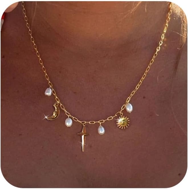 Charm Necklace for Women - Dainty Gold Paperclip Beach Charm Necklace Cute Shell Necklace Moon Star Accessory Beach Cross Hexagram Pendant Preppy Stuff Summer Jewelry for Women