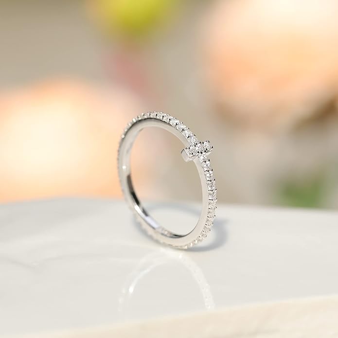 EAMTI 2mm 925 Sterling Silver Wedding Band Cubic Zirconia Half Eternity Stackable Engagement Ring Size 3-13