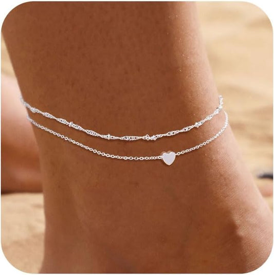 Ankle Bracelets for Women 14K Real Gold Silver Plated Ankle Bracelets Waterproof Heart Beads Rope Satellite Anklets Set Adjustable Layered Anklet Bracelets No Tarnish Summer Beach Jewelry Gift