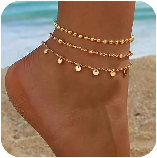 2/3 PCS Gold Anklets for Women Waterproof Boho Starfish, Seashell, Heart & Butterfly Charms Ankle Bracelets Non Tarnish Adjustable Layered Cuban Beaded Foot Chain Beach Jewelry for Summer Vacations