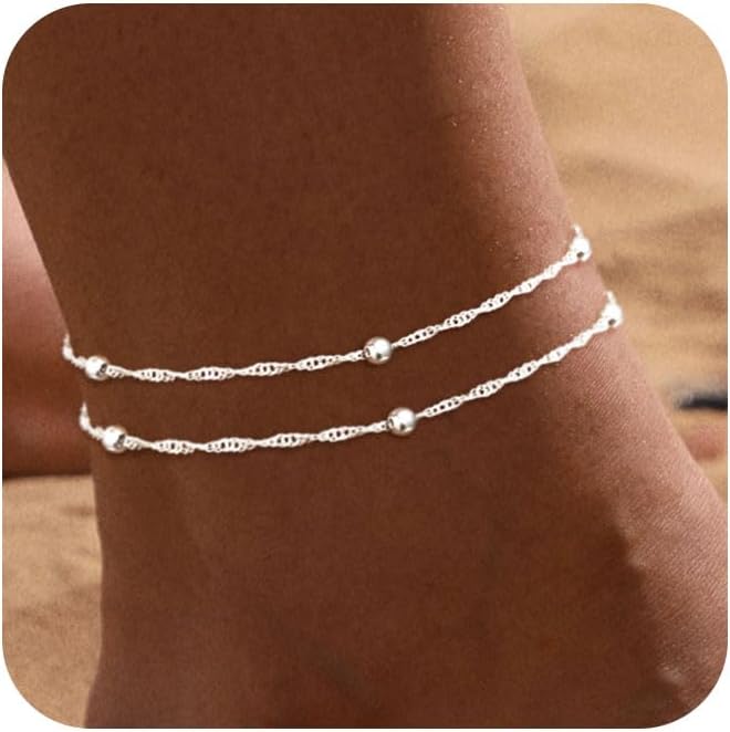 Ankle Bracelets for Women 14K Real Gold Silver Plated Ankle Bracelets Waterproof Heart Beads Rope Satellite Anklets Set Adjustable Layered Anklet Bracelets No Tarnish Summer Beach Jewelry Gift