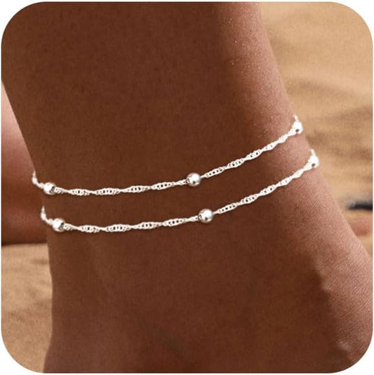 Ankle Bracelets for Women 14K Real Gold Silver Plated Ankle Bracelets Waterproof Heart Beads Rope Satellite Anklets Set Adjustable Layered Anklet Bracelets No Tarnish Summer Beach Jewelry Gift