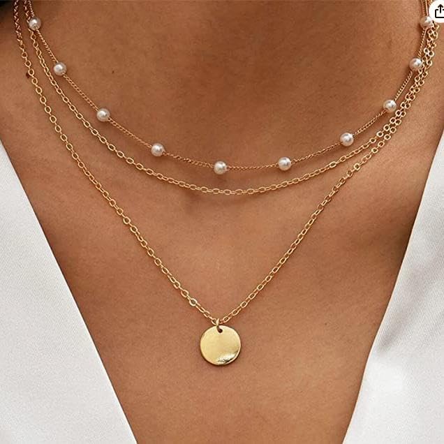 ASCOMY Layered Necklaces for Women Dainty Gold Necklace 14K Gold Plated Herringbone Necklace for Women Pearl Cross Necklace Paperclip Cuban Figaro Rope Satellite Chain Gold Choker Trendy Jewelry Gift