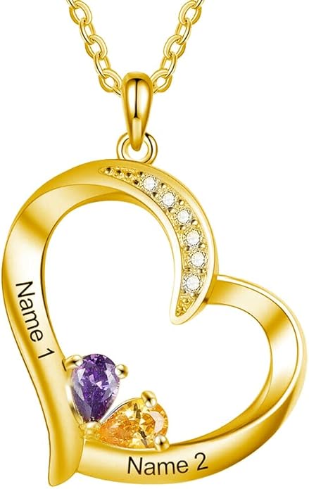 10K 14K 18K Gold Natural Diamond Personalized Mother Name Necklace with 1-6 Birthstones Sterling Silver Custom Heart Name Necklace for Women Mom Grandmother Wife Friend Gifts for Mother's Day