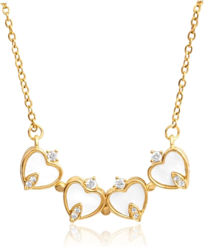 18K Gold Stainless Steel Gold Plated Necklace with Clove Hearts Charm - Can Be Worn Two Ways (Elegant A)