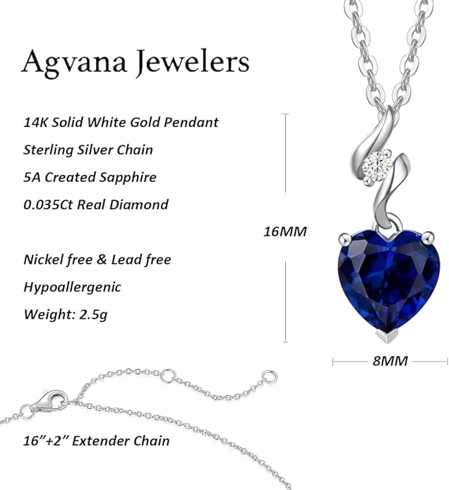 AGVANA 14K Solid White Gold Diamond Gemstone Pendant with Sterling Silver Chain 8mm Heart Birthstone Necklace Fine Jewelry Anniversary Birthday Gifts for Women Mom Wife
