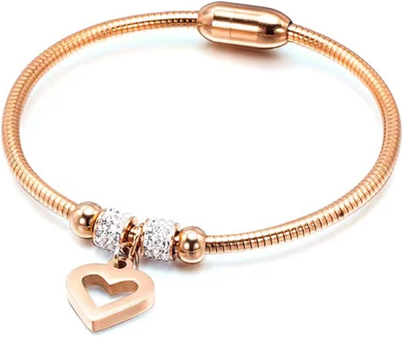 KunBead Heart Charm Birthday Bracelet Stainless Steel Love Bangle Cuff Jewelry Bracelets for Women