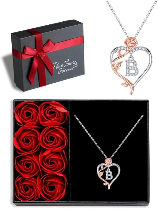 Iefil Rose Heart Necklaces Gifts for Women - 925 Sterling Silver Rose Heart Initial Necklace, Anniversary Birthday Gifts for Women, Jewelry Gift for Her Wife Girlfriend Mom Daughter
