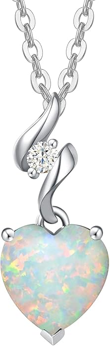 AGVANA 14K Solid White Gold Diamond Gemstone Pendant with Sterling Silver Chain 8mm Heart Birthstone Necklace Fine Jewelry Anniversary Birthday Gifts for Women Mom Wife