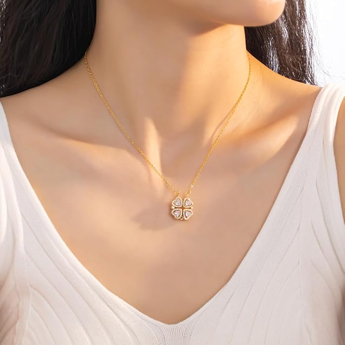 18K Gold Stainless Steel Gold Plated Necklace with Clove Hearts Charm - Can Be Worn Two Ways (Elegant A)