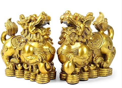 Feng Shui pixiu Brass Decor Statue A Pair Chinese Home Decoration pi yao Wealth Sculpture Attract Money and Good Luck Figurine Golden（5.51" L x 2.75" W x 4.3" H ）