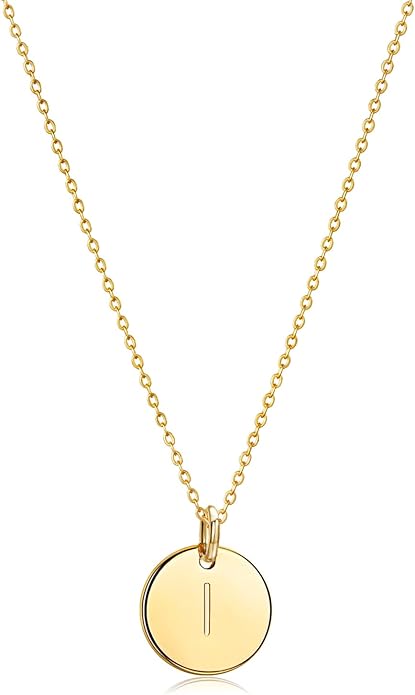 Bemoly Initial Necklace for Women Round 11MM Coin Disc Double Side Engraved Letter A-Z Hammered Pendant 14K Gold Plated Personalized Alphabet Birthday Jewelry 17.5"