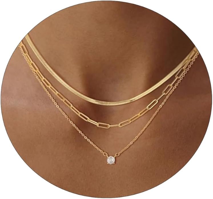 ASCOMY Layered Necklaces for Women Dainty Gold Necklace 14K Gold Plated Herringbone Necklace for Women Pearl Cross Necklace Paperclip Cuban Figaro Rope Satellite Chain Gold Choker Trendy Jewelry Gift