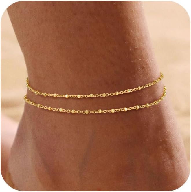 Ankle Bracelets for Women 14K Real Gold Silver Plated Ankle Bracelets Waterproof Heart Beads Rope Satellite Anklets Set Adjustable Layered Anklet Bracelets No Tarnish Summer Beach Jewelry Gift