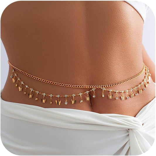 MODRSA Gold Chain Belt - Fashion Waist Chain Belt with Moon, Butterfly Rhinestone & Layered Design