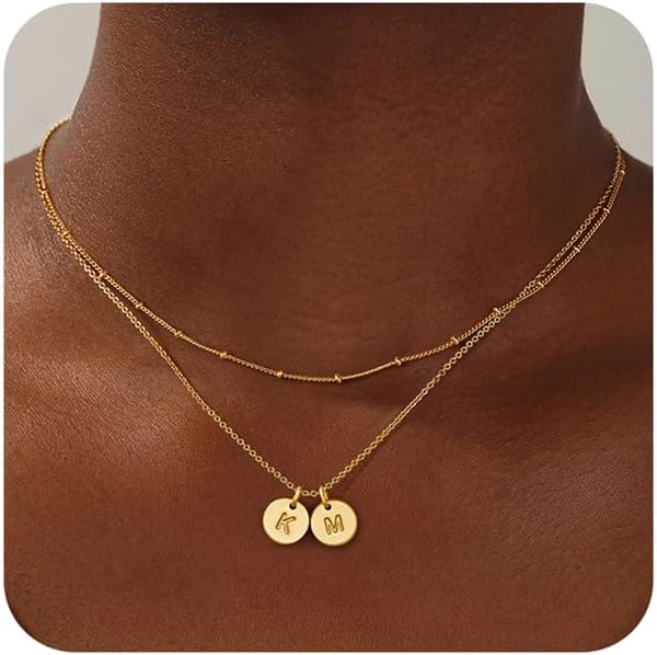 Turandoss Gold Initial Necklaces for Women - Dainty 14K Gold Plated Layered Two Letter A-Z Stack Disc Initial Necklace Trendy, Birthday Personalized Gifts for Women Teen Girls Jewelry