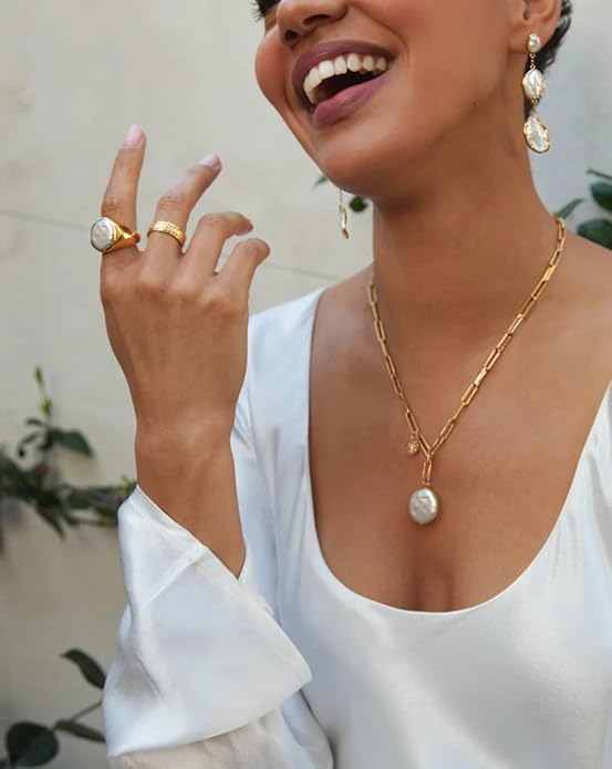 18k Gold Chain Link Necklace for Women, Baroque Pearl/Compass Pendant Necklace