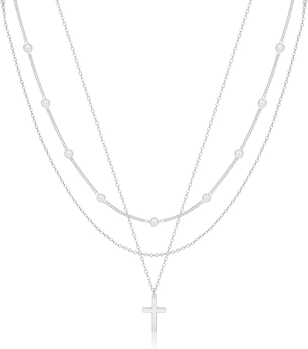 ASCOMY Layered Necklaces for Women Dainty Gold Necklace 14K Gold Plated Herringbone Necklace for Women Pearl Cross Necklace Paperclip Cuban Figaro Rope Satellite Chain Gold Choker Trendy Jewelry Gift